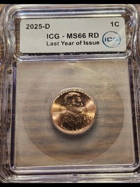 Graded 2025-D Penny MS66 RD - Copper Red Collector Coin, Last Year Of The PENNY.